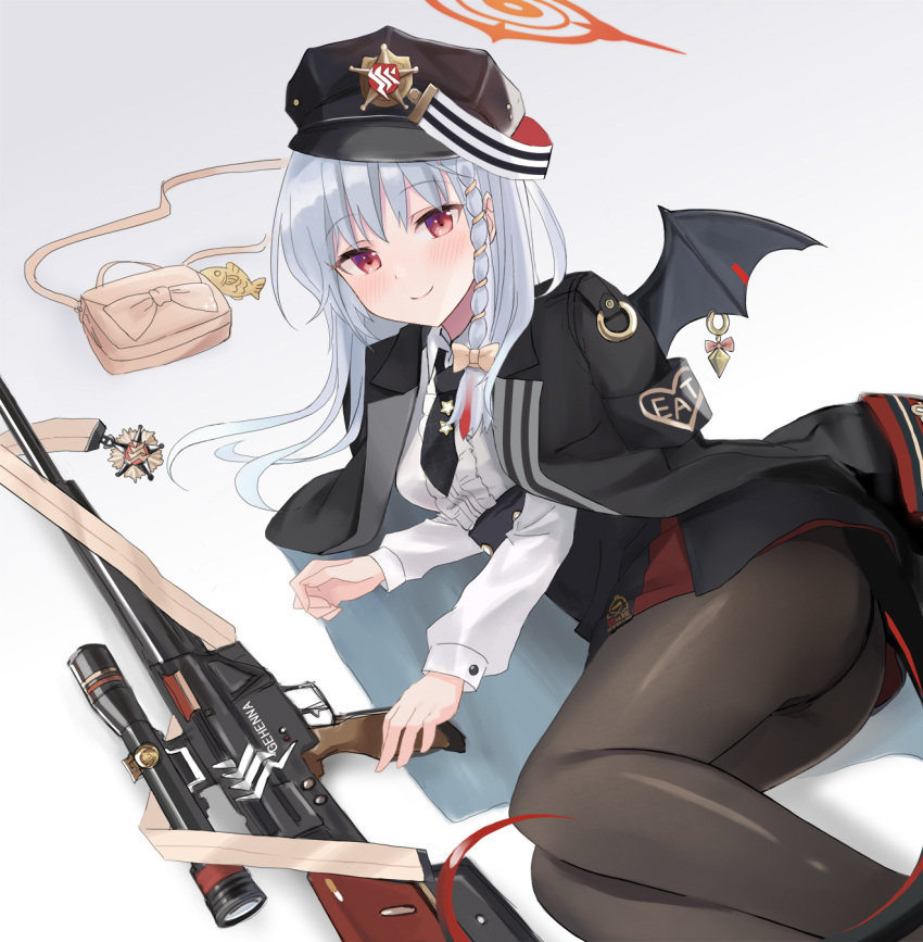 1girl ass bag bag_removed black_headwear black_jacket black_legwear black_necktie black_skirt black_wings blue_archive blush bow braid demon_wings eyebrows_visible_through_hair feet_out_of_frame food frilled_shirt frills gun h&amp;k_psg1 hair_bow halo handbag haruna_(blue_archive) hat high-waist_skirt highres jacket jacket_on_shoulders layered_skirt light_blush long_hair long_sleeves looking_at_viewer lying military_hat necktie on_side open_clothes open_jacket pantyhose pink_bag red_eyes red_skirt rifle saibashi_(develop_komono) scope shirt shirt_tucked_in short_necktie silver_hair simple_background single_braid single_wing skirt smile sniper_rifle solo tail taiyaki wagashi weapon white_background white_shirt wing_ornament wings yellow_bow