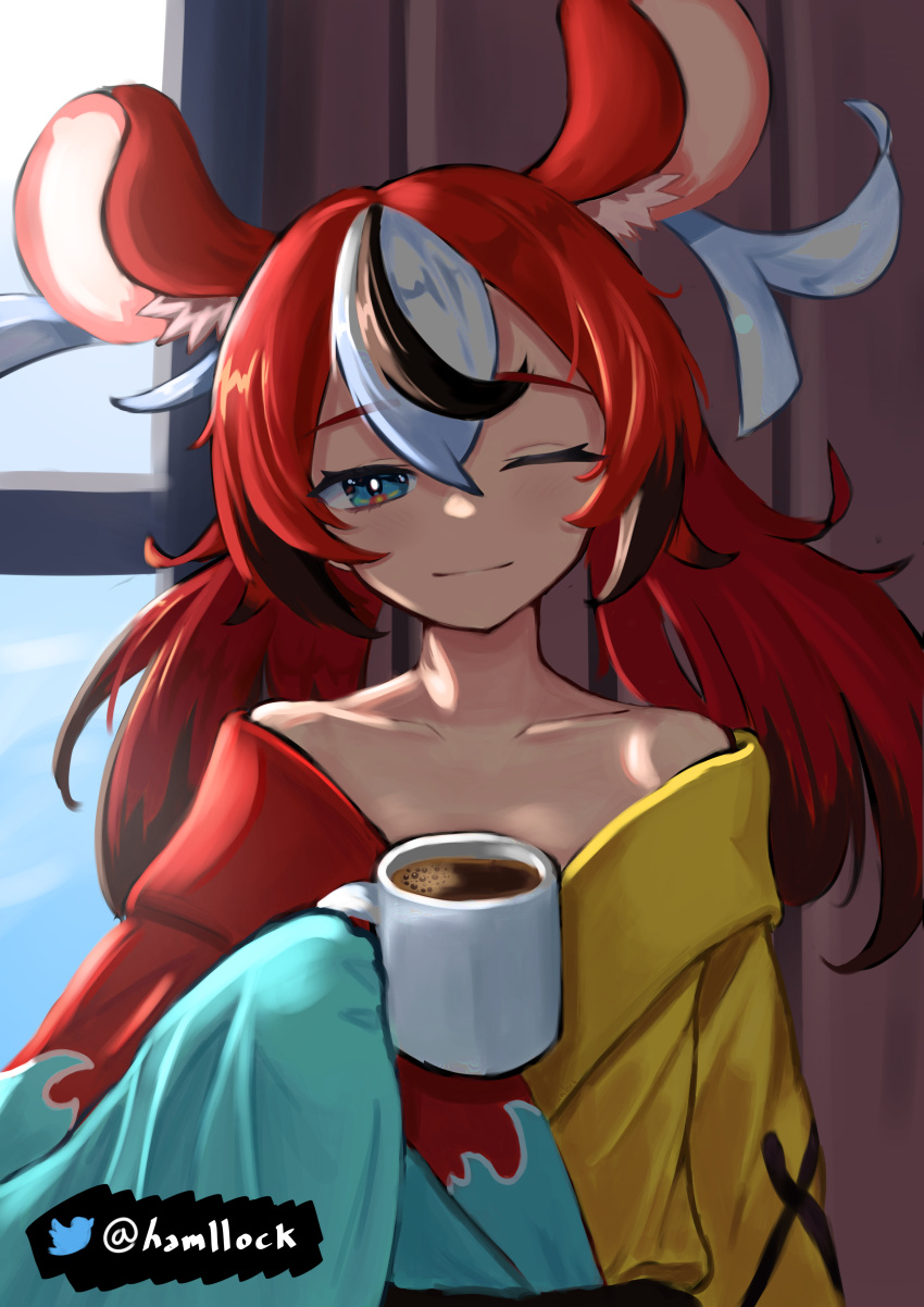 1girl absurdres alternate_costume alternate_hairstyle animal_ear_fluff animal_ears aqua_robe bangs bare_shoulders black_hair blue_eyes coffee coffee_mug cup eyebrows_visible_through_hair hair_between_eyes hakos_baelz half-closed_eye hamllock highres holding holding_cup hololive hololive_english light_smile long_hair looking_at_viewer mouse_ears mouse_girl mug multicolored_hair off_shoulder one_eye_closed red_robe redhead robe sidelocks sleepy twitter_logo twitter_username virtual_youtuber white_hair window yellow_robe