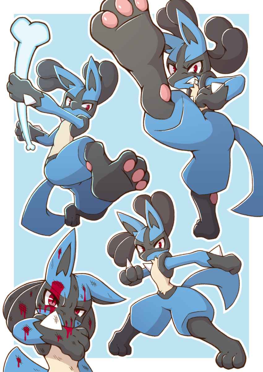 1boy acky battle_pose blood blood_on_face bone closed_mouth commentary_request furry highres holding kicking kicking_at_viewer light_blue_background looking_at_viewer lucario no_humans pokemon pokemon_(creature) red_eyes smile solo spikes weapon