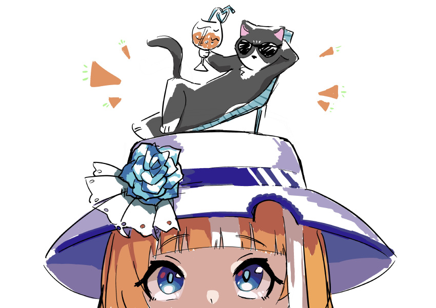 1girl absurdres akikawa_yayoi_(umamusume) animal_ears bangs blue_eyes blunt_bangs cat_day cat_ears chair cocktail_glass crazy_straw cup drinking_glass drinking_straw flower hat hat_flower heart_straw highres looking_up lounge_chair makasero notice_lines orange_hair reclining simple_background sunglasses umamusume white_background white_headwear