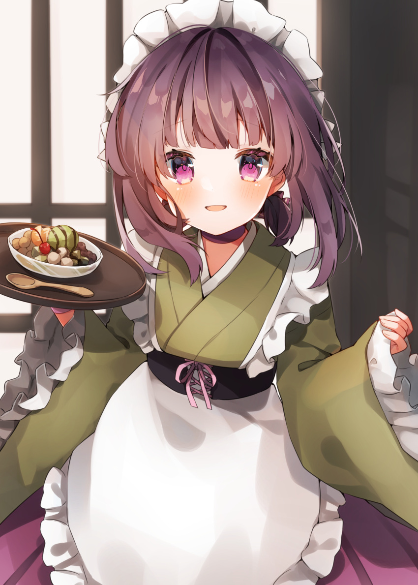 1girl :d absurdres apron bangs blush bow brown_hair choker commission commissioner_upload dress eyebrows_visible_through_hair fallenshadow flat_chest food frilled_apron frilled_dress frilled_kimono frilled_sleeves frills fruit green_kimono hair_bow heripiro highres holding holding_food holding_tray ice_cream indie_virtual_youtuber indoors japanese_clothes kimono long_skirt long_sleeves looking_at_viewer maid maid_apron maid_cafe maid_headdress medium_hair open_mouth petite pink_eyes pink_skirt short_twintails skeb_commission skirt sleeves_past_wrists smile solo spoon tray twintails virtual_youtuber wa_maid white_apron window wrist_cuffs