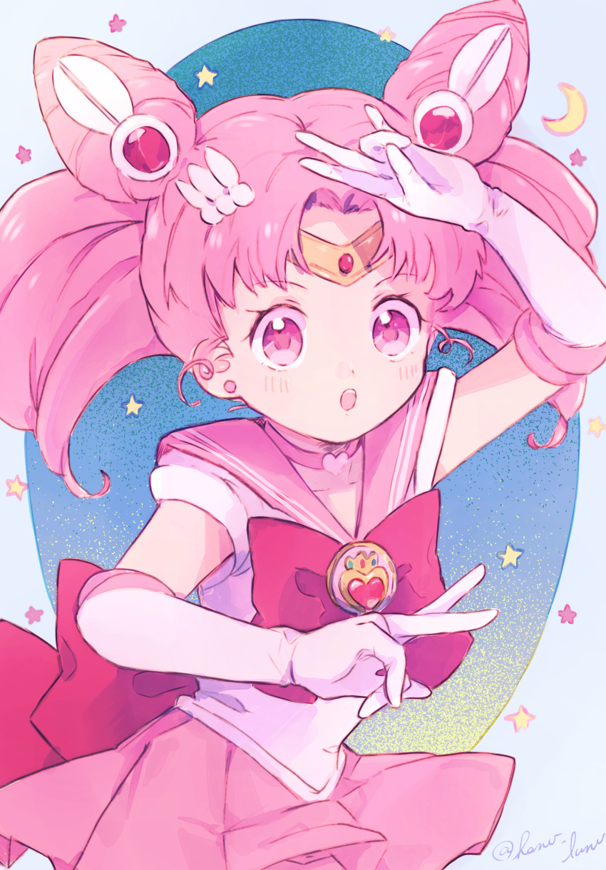 1girl absurdres bishoujo_senshi_sailor_moon bow earrings gloves hano_luno highres jewelry magical_girl pink_hair pink_skirt red_bow sailor_chibi_moon skirt star_(symbol) white_gloves