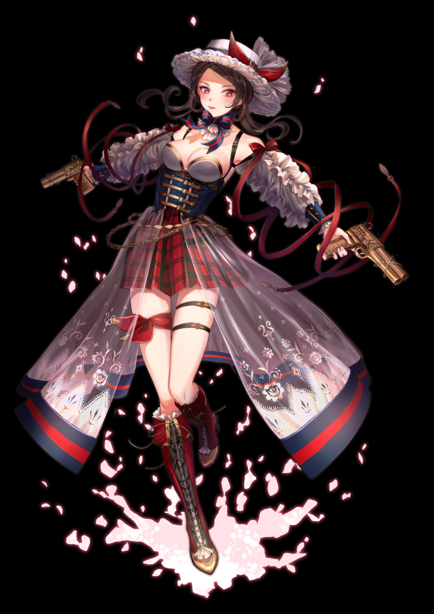 1girl absurdres black_background black_tea_(food_fantasy) boots bow brown_hair dress food_fantasy gun handgun hat highres holding holding_weapon iwoxiv looking_to_the_side pale_skin red_eyes ribbon weapon