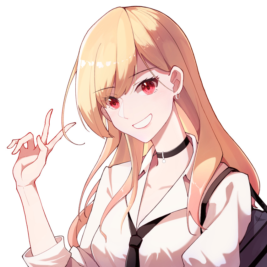 1girl :d absurdres bag black_choker black_necktie blonde_hair choker commentary_request earrings eyebrows_visible_through_hair grin highres jewelry kitagawa_marin long_hair looking_at_viewer loose_necktie necktie red_eyes school_bag simple_background smile solo sono_bisque_doll_wa_koi_wo_suru upper_body v white_background ziranyuan