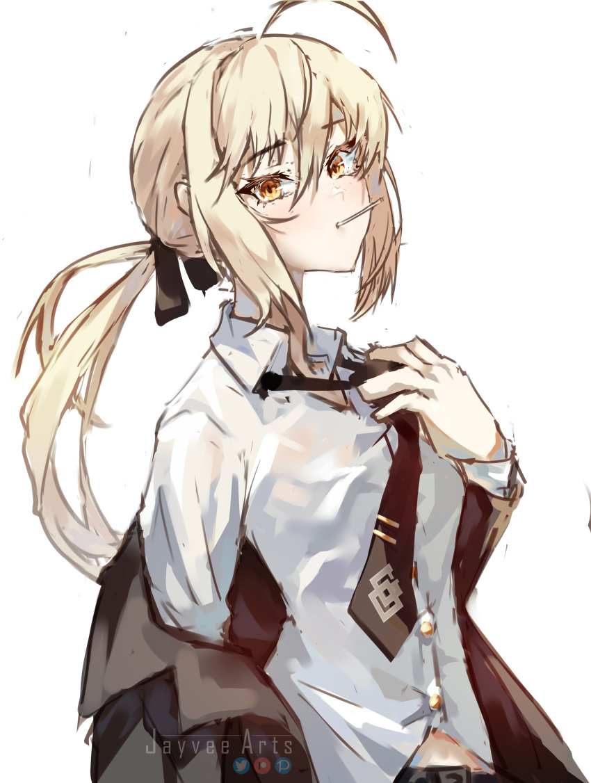 1girl absurdres alternate_costume artoria_pendragon_(fate) black_ribbon blonde_hair chaldea_logo collared_shirt fate/grand_order fate_(series) hair_between_eyes highres jayvee long_hair looking_at_viewer loose_necktie mouth_hold necktie off_shoulder patreon_logo pixiv_logo ponytail ribbon saber_alter shirt solo twitter_logo undressing untying upper_body white_shirt yellow_eyes