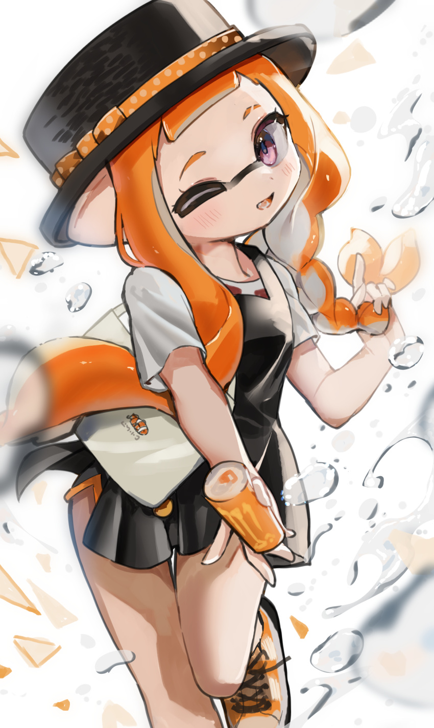 1girl bag blush braid breasts bubble dress handbag hat highres inkling long_hair looking_at_viewer one_eye_closed open_mouth orange_hair shirt shoes short_sleeves small_breasts solo splatoon_(series) tentacle_hair top_hat ume_(plumblossom)