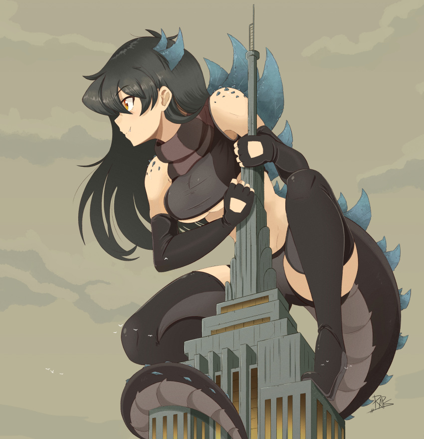 1girl absurdres bad_id bad_twitter_id bangs black_bra black_footwear black_gloves black_hair black_legwear black_panties boots bra breasts building closed_mouth commentary crop_top elbow_gloves empire_state_building english_commentary eyebrows_visible_through_hair fang fang_out full_body giant giantess gloves godzilla_(series) godzilla_the_series high_heel_boots high_heels highres large_breasts long_hair looking_away monster_girl orange_eyes panties personification raps_(yohomeboyraps) revision skyscraper smile solo tail thigh-highs thigh_boots underwear zilla_jr.