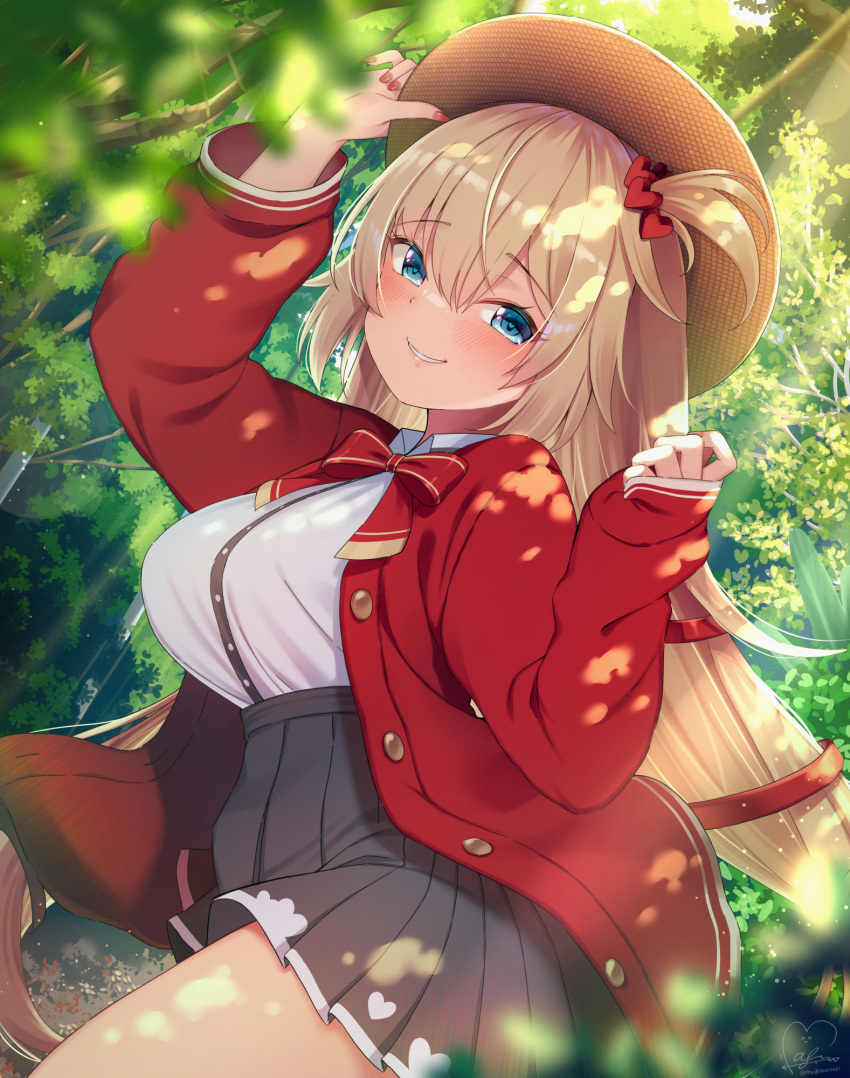 1girl akai_haato arm_up bangs black_skirt blonde_hair blue_eyes blush bow bowtie breasts brown_headwear collared_shirt commentary_request day eyebrows_visible_through_hair hair_between_eyes hair_ornament hair_ribbon hand_on_headwear hat heart heart_hair_ornament highres hololive jacket large_breasts long_hair long_sleeves magowasabi nail_polish one_side_up open_clothes open_jacket outdoors parted_lips pleated_skirt red_bow red_bowtie red_jacket red_nails red_ribbon ribbon shirt signature skirt smile solo twitter_username very_long_hair virtual_youtuber white_shirt
