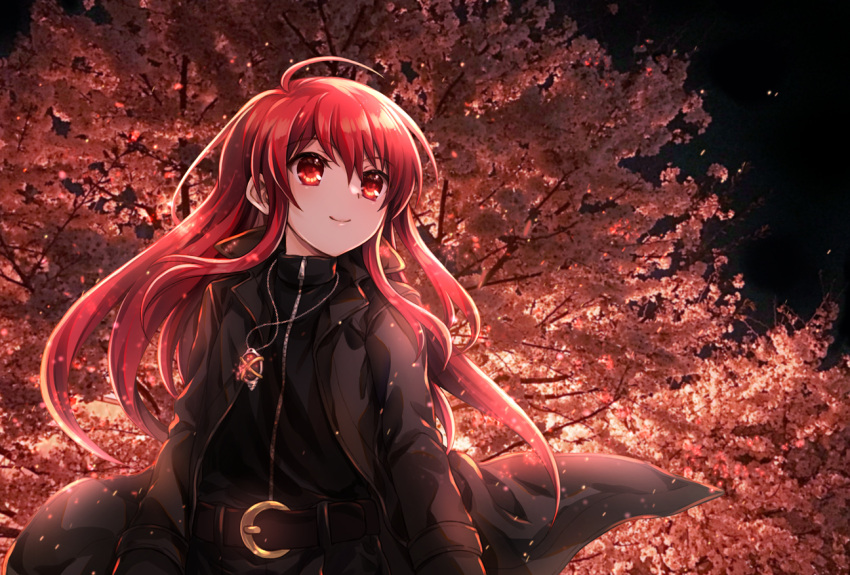 1girl bangs belt belt_buckle black_belt black_jacket blush buckle closed_mouth commentary_request eyebrows_visible_through_hair hair_between_eyes jacket jewelry long_hair long_sleeves looking_away open_clothes open_jacket pendant red_eyes redhead shakugan_no_shana shana smile solo tachitsu_teto tree very_long_hair