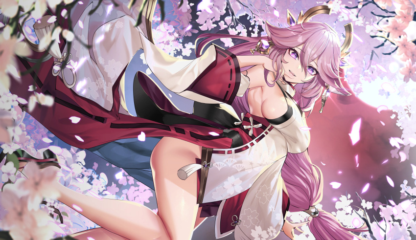 1girl absurdres animal_ears bangs bare_shoulders blush breasts cherry_blossoms detached_sleeves earrings fox_ears genshin_impact hair_ornament highres jewelry large_breasts long_hair looking_at_viewer necklace pendant pink_hair red_skirt sideboob sidelocks skirt sleeveless smile solo teddy_(khanshin) thighs very_long_hair violet_eyes wide_sleeves yae_miko