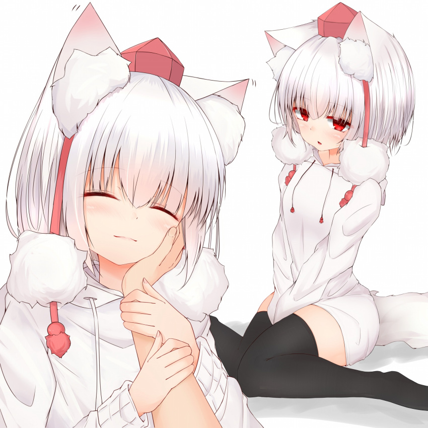 1boy 1girl animal_ears bangs black_legwear closed_eyes closed_mouth hand_on_another's_cheek hand_on_another's_face highres hood hoodie inubashiri_momiji jacket long_sleeves mamo_murata multiple_views open_mouth red_eyes short_hair simple_background sitting smile tail thigh-highs touhou wariza white_background white_hair white_jacket wolf_ears wolf_girl wolf_tail