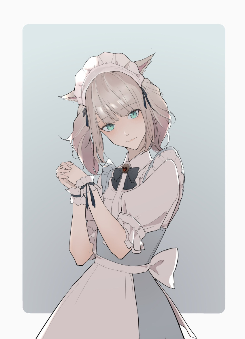 1225cici 1girl animal_ears apron aqua_eyes avatar_(ff14) black_bow black_bowtie blue_background blue_dress border bow bowtie brooch cat_ears center_frills closed_mouth collared_shirt commentary dress final_fantasy final_fantasy_xiv frilled_shirt frills grey_hair hands_up heart_brooch highres jewelry looking_at_viewer maid maid_apron maid_headdress medium_hair miqo'te own_hands_together pinafore_dress puffy_short_sleeves puffy_sleeves shirt short_sleeves solo upper_body waist_apron white_apron white_border white_shirt wrist_cuffs