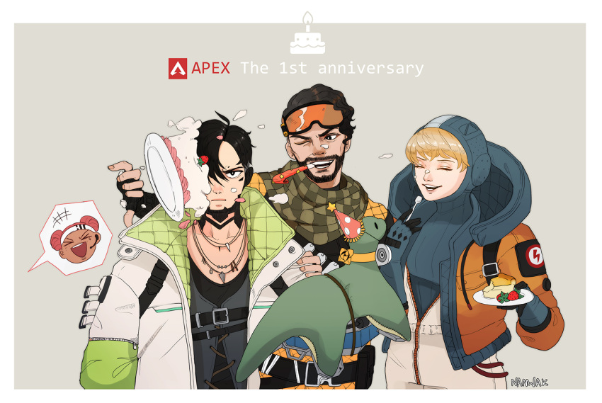 2boys 2girls ^_^ anniversary annoyed apex_legends black_eyes black_shirt blue_bodysuit blue_gloves blue_hair blue_headwear bodysuit cake checkered_clothes checkered_scarf closed_eyes collarbone crypto_(apex_legends) dark-skinned_female dark_skin double_bun facial_hair food gloves goatee goggles goggles_on_head grey_vest headband holding holding_plate hood hooded_jacket in_the_face jacket jewelry korean_commentary lifeline_(apex_legends) looking_at_viewer mirage_(apex_legends) multiple_boys multiple_girls namjak necklace one_eye_closed orange_jacket party_horn pie_in_face plate red_scarf redhead sanpaku scarf shirt vest wattson_(apex_legends) white_bodysuit white_headband white_jacket yellow_bodysuit