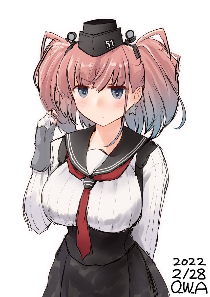1girl adapted_costume anchor_hair_ornament atlanta_(kancolle) black_headwear black_sailor_collar black_skirt breasts brown_hair dress_shirt earrings garrison_cap gloves grey_eyes hair_ornament hat high-waist_skirt highres jewelry kantai_collection large_breasts long_hair long_sleeves necktie one-hour_drawing_challenge owa_(ishtail) partially_fingerless_gloves red_necktie sailor_collar sailor_shirt shirt skirt solo star_(symbol) star_earrings suspender_skirt suspenders two_side_up white_gloves white_shirt