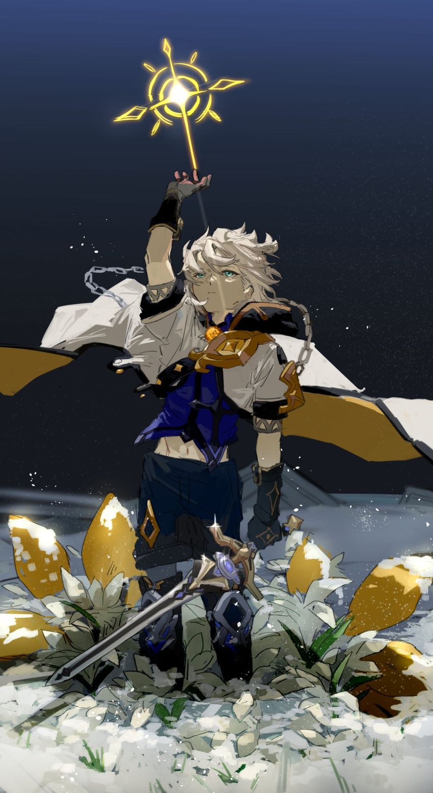 1boy absurdres albedo_(genshin_impact) aqua_eyes arm_up aura bangs black_gloves blonde_hair blue_background cape chain closed_mouth flower genshin_impact gloves gradient gradient_background highres holding holding_sword holding_weapon hooded_coat kurattes looking_up midriff navel standing sword vision_(genshin_impact) weapon
