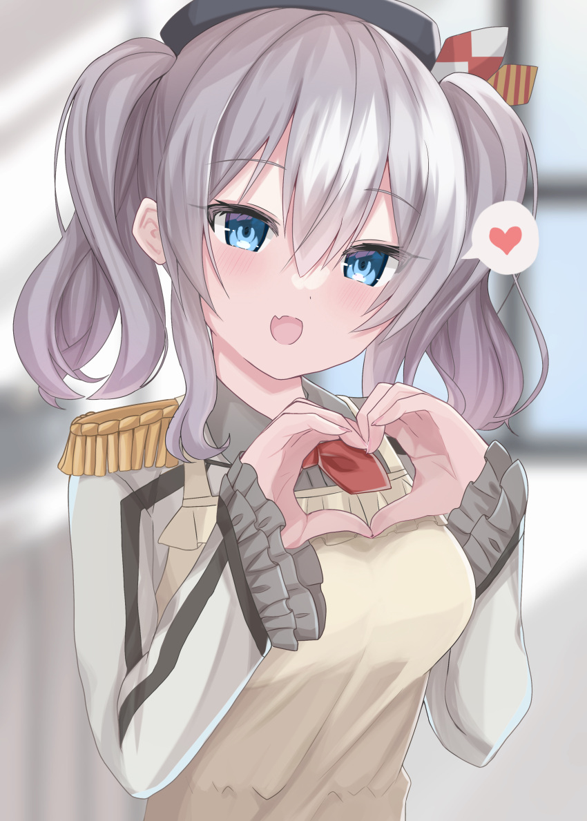 1girl absurdres apron bangs black_headwear blue_eyes blurry blurry_background brown_apron commentary_request depth_of_field epaulettes eyebrows_visible_through_hair fang grey_hair grey_jacket hat heart heart_hands highres jacket kantai_collection kashima_(kancolle) long_sleeves looking_at_viewer medium_hair open_mouth skin_fang smile solo spoken_heart twintails valentine yoshino_(mfmfpng)