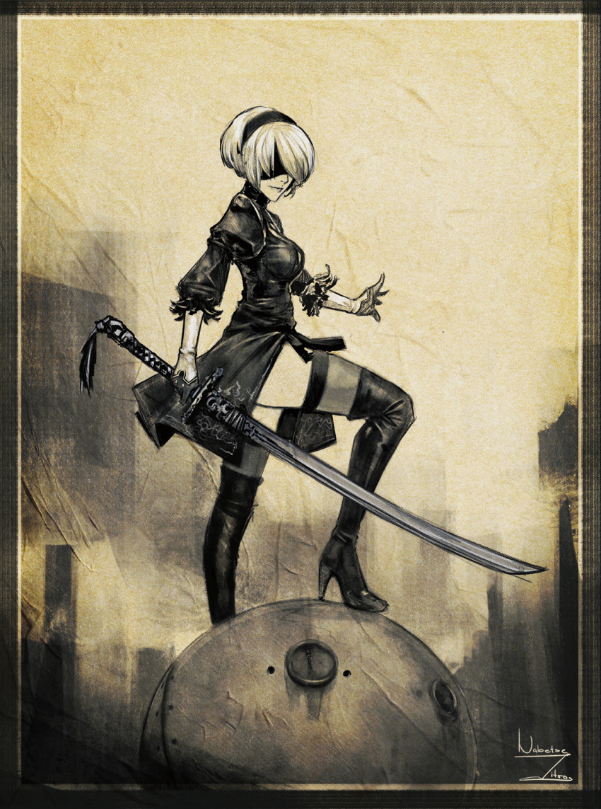 1girl bangs blindfold boots breasts dress greyscale hairband high_heel_boots high_heels highres holding holding_sword holding_weapon juliet_sleeves katana long_sleeves medium_breasts monochrome nabetse_zitro nier_(series) nier_automata open_hand puffy_sleeves short_hair smile solo sword thigh-highs thigh_boots weapon yorha_no._2_type_b