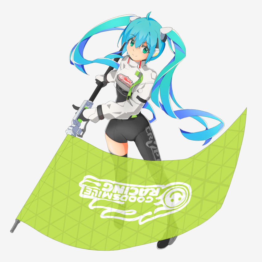 1girl absurdres ahoge asymmetrical_bodysuit black_bodysuit black_footwear black_gloves black_legwear blue_hair bodysuit boots breasts closed_mouth commentary_request flag full_body gloves green_eyes grey_background hatsune_miku headgear highres holding holding_flag jacket long_hair long_sleeves looking_at_viewer mamagogo_(gomaep) puffy_long_sleeves puffy_sleeves racing_miku racing_miku_(2022) simple_background single_thigh_boot small_breasts smile solo standing thigh-highs thigh_boots twintails very_long_hair vocaloid white_jacket