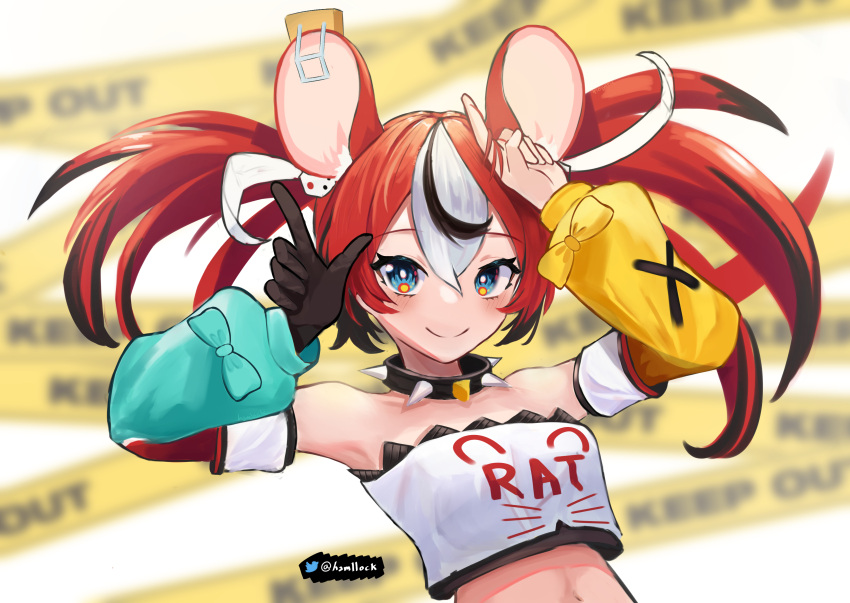 1girl absurdres animal_ears arms_up asymmetrical_sleeves bangs bare_shoulders black_gloves black_hair blue_eyes blush closed_mouth clothes_writing collar crop_top dice_hair_ornament gloves hair_between_eyes hair_ornament hakos_baelz hamllock highres hololive hololive_english long_hair mismatched_sleeves mouse_ears mousetrap multicolored_hair redhead shirt single_glove smile solo spiked_collar spikes streaked_hair twintails upper_body white_hair white_shirt