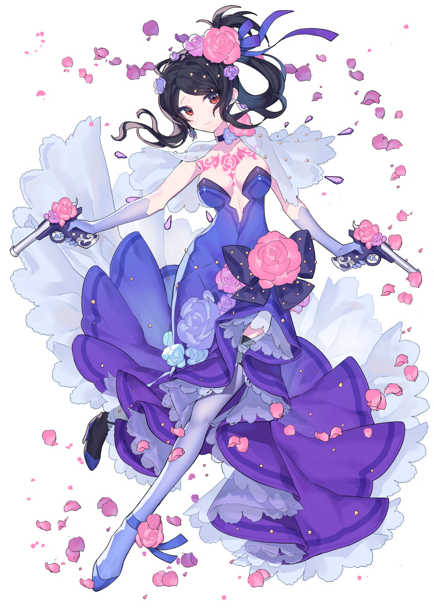 1girl absurdres black_hair black_tea_(food_fantasy) breasts brown_eyes devy dress flower food_fantasy gun highres holding holding_weapon long_hair looking_to_the_side pale_skin petals ponytail revealing_clothes weapon white_background