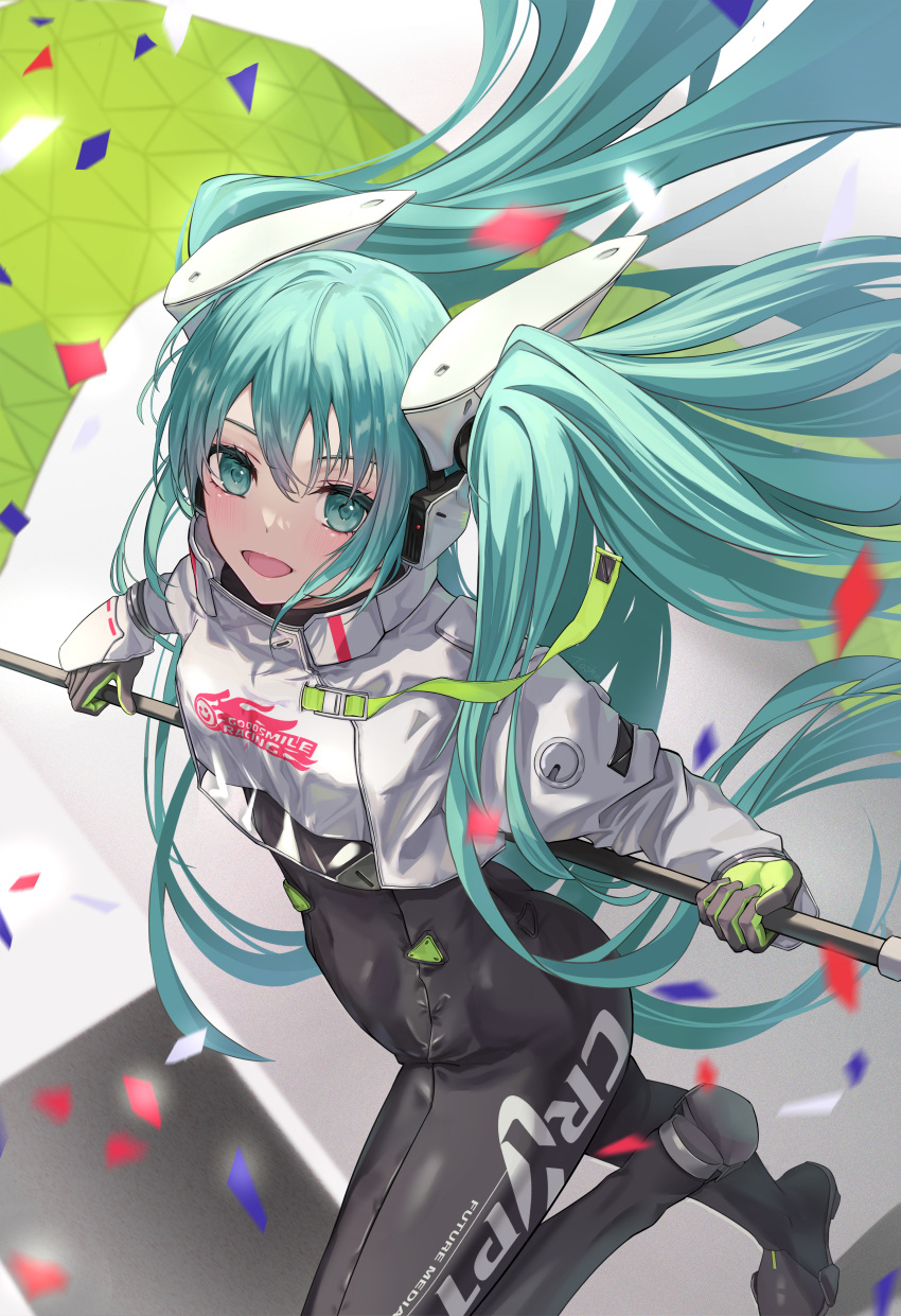 1girl :d absurdres asymmetrical_bodysuit bangs black_bodysuit bodysuit breasts commentary_request confetti covered_navel eyebrows_behind_hair flag green_eyes green_hair hair_between_eyes hatsune_miku headgear highres holding holding_flag jacket long_hair looking_at_viewer racing_miku racing_miku_(2022) shoe_soles small_breasts smile solo tooku0 twintails very_long_hair vocaloid white_jacket
