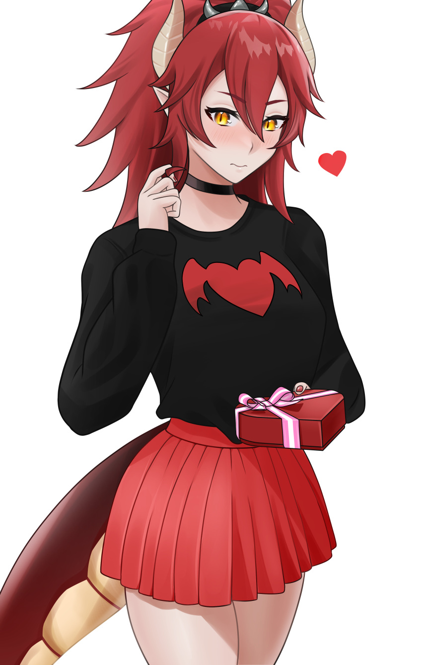 1girl absurdres bangs black_choker black_sweater blush bow box choker dragon_horns dragon_tail heart heart-shaped_box highres horns jake_pascoe orange_eyes pink_bow ponytail red_skirt redhead skirt solo spikes sweater sweater_tucked_in tail virtual_youtuber vshojo zentreya_(vtuber)