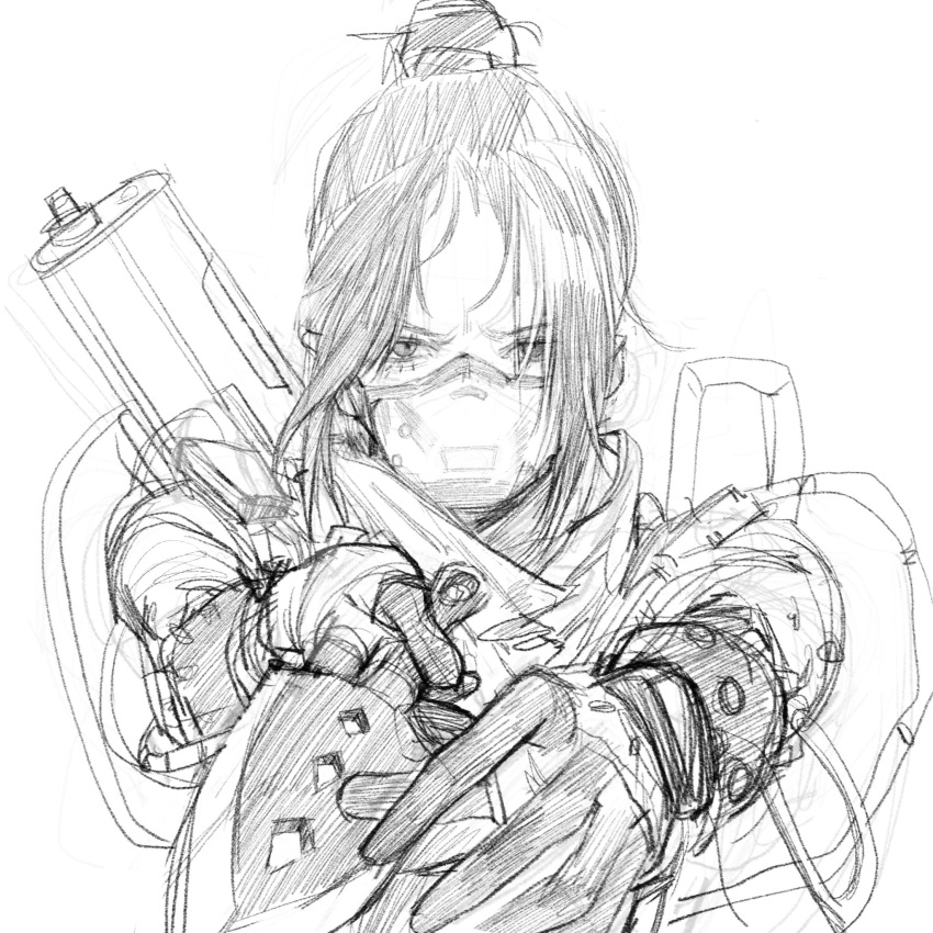 1girl apex_legends bangs cable faux_traditional_media gloves greyscale gun hair_bun highres holding holding_knife knife kunai mask monochrome mouth_mask official_alternate_costume parted_bangs quarantine_722_wraith scarf seong_u_1996 sketch solo symbol-only_commentary weapon weapon_on_back wraith's_kunai wraith_(apex_legends)