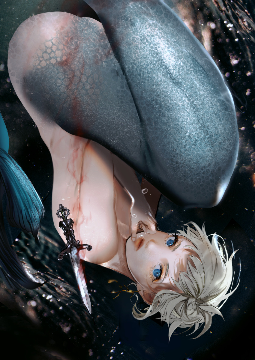 androgynous bangs black_background blood blue_eyes chikage_(chi_g0) dagger earrings eyelashes from_side gender_request highres jewelry knife lips looking_at_viewer mermaid merman monster_boy monster_girl nude original silver_hair solo submerged upside-down water weapon