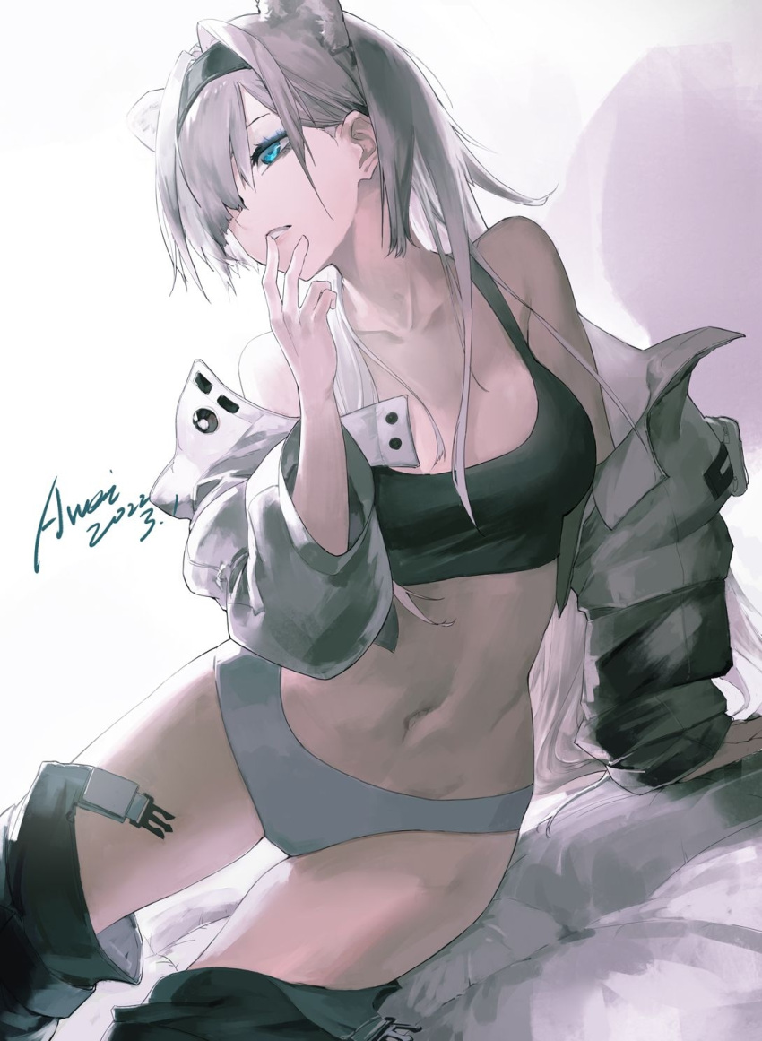 1girl animal_ears arknights aurora_(arknights) aweii bangs bare_shoulders bear_ears black_hairband blue_eyes breasts commentary crop_top hair_over_one_eye hairband hand_up highres jacket large_breasts long_hair long_sleeves midriff navel off_shoulder open_clothes open_jacket panties silver_hair solo sports_bra stomach thighs underwear very_long_hair white_background white_panties