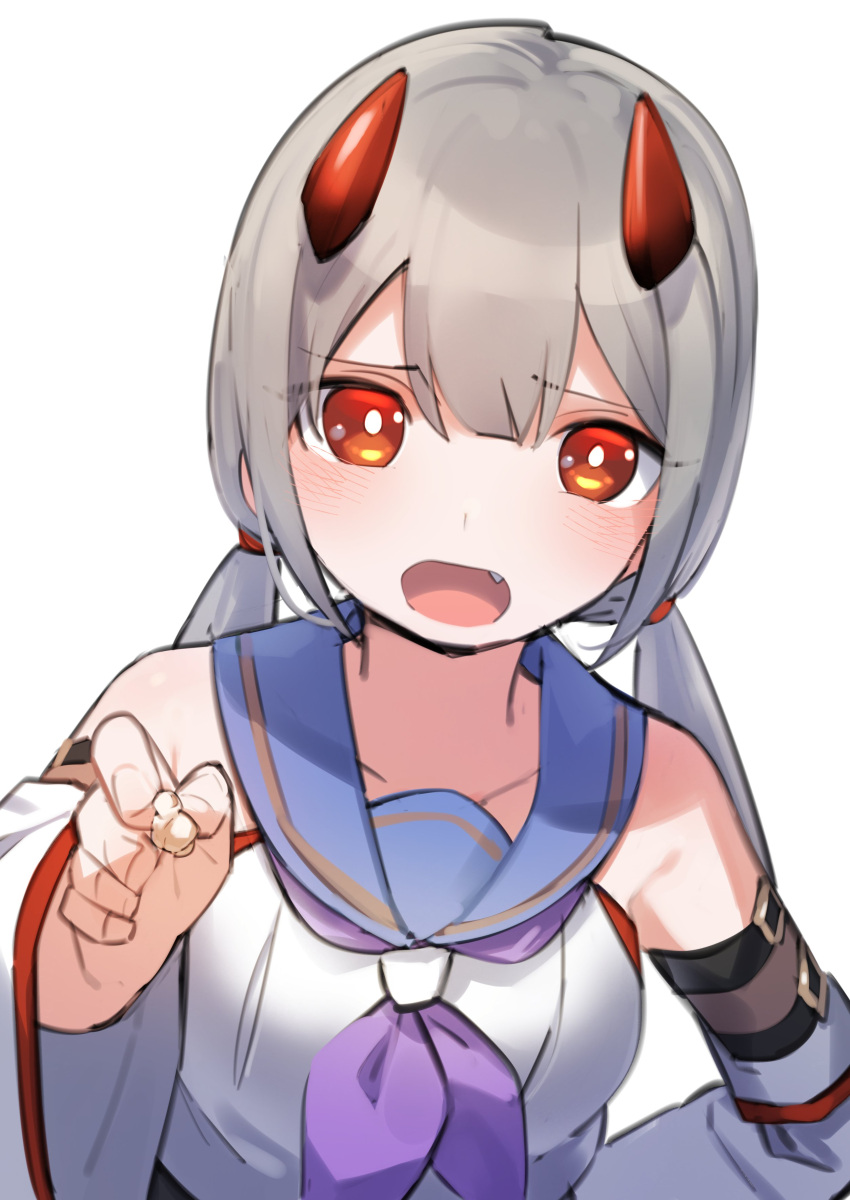 1girl absurdres arm_belt assault_lily bangs bare_shoulders belt black_belt blue_sailor_collar blush bright_pupils collarbone commentary_request detached_sleeves eyebrows_visible_through_hair fang food fujita_asagao goe_(g-o-e) grey_hair hair_between_eyes hand_on_hip hand_up highres holding holding_food horns incoming_food long_hair long_sleeves looking_at_viewer low_twintails neckerchief open_mouth popcorn purple_neckerchief red_eyes red_horns sailor_collar school_uniform serafuku shirt simple_background sleeveless sleeveless_shirt solo twintails upper_body white_background white_pupils white_shirt white_sleeves wide_sleeves