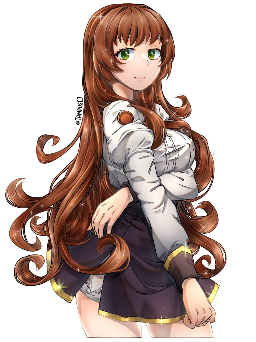1girl arm_under_breasts bangs black_skirt breasts brown_hair english_commentary eyebrows_visible_through_hair green_eyes helena_(kancolle) highres kantai_collection kazaharu_matsuhata long_hair long_sleeves looking_at_viewer medium_breasts simple_background skir skirt smile solo sparkle twitter_username very_long_hair wavy_hair white_background