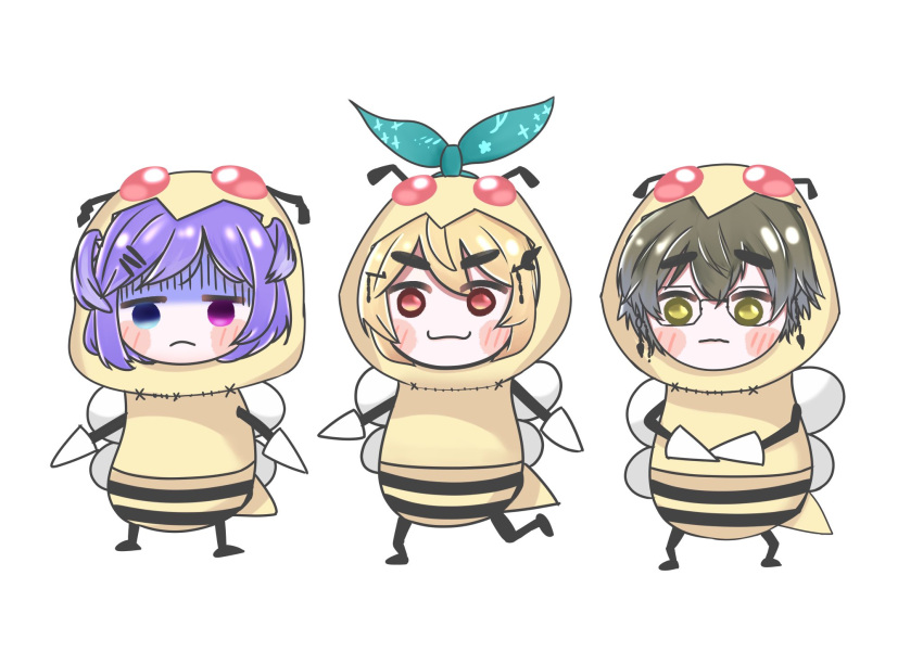 1boy 2girls :3 beedrill beedrill_(cosplay) blonde_hair blush brown_hair chibi cosplay embarrassed english_commentary eyebrows_visible_through_hair frown glasses green_ribbon head_wings heterochromia highres ike_eveland mascot_costume miya_(sumiyachi) multiple_girls nijisanji nijisanji_en pokemon pomu_rainpuff purple_hair ribbon sad selen_tatsuki shaded_face smile smug v-shaped_eyebrows violet_eyes virtual_youtuber yellow_eyes