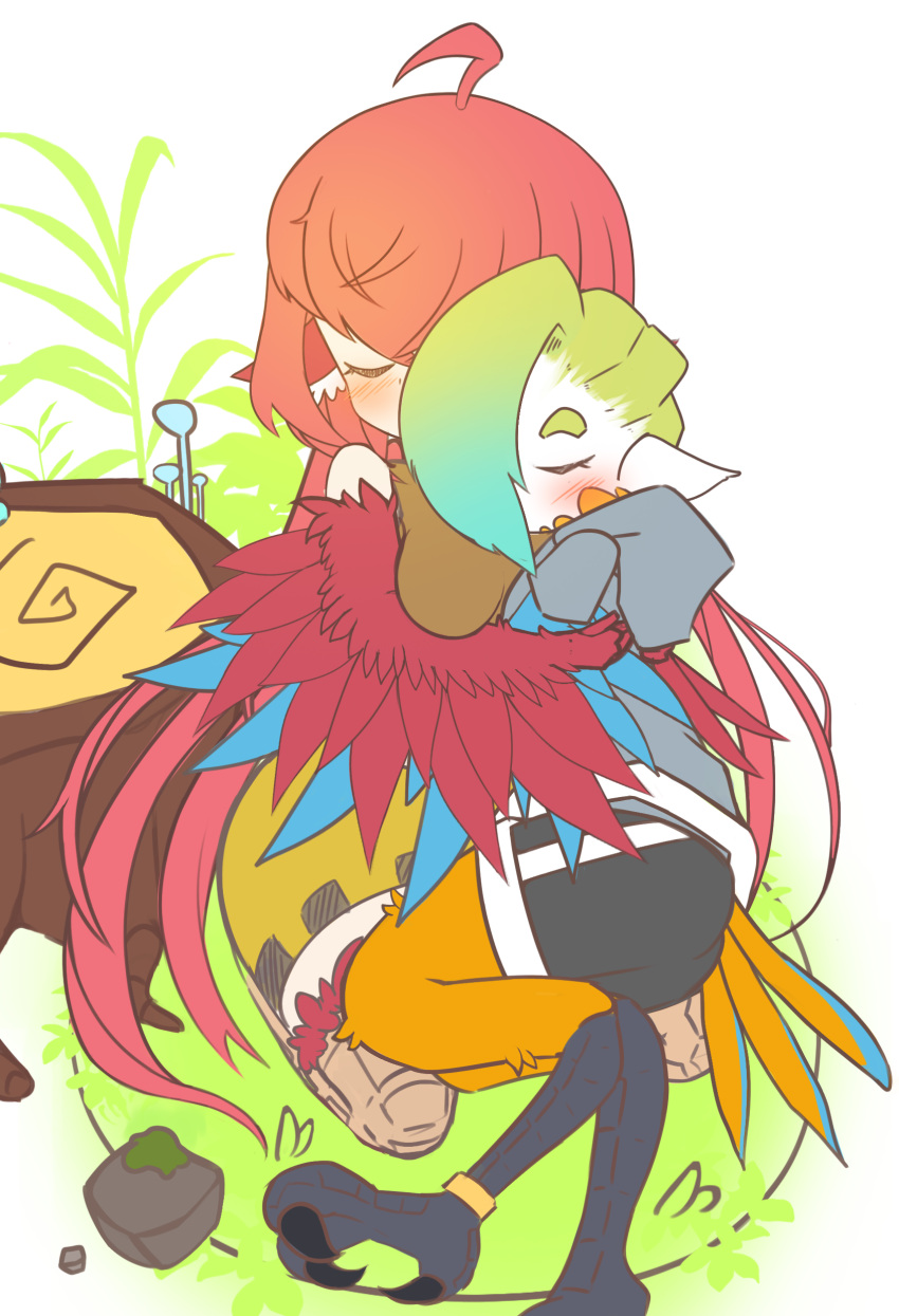 2girls absurdres ahoge animal_ears bangs bird_ears bird_legs black_shorts blonde_hair blue_feathers blush breasts closed_eyes coco_(eogks) commentary facial_mark grass green_hair grey_hoodie harpy highres hood hoodie hug long_hair mako_(eogks) monster_girl multicolored_hair multiple_girls nn_(eogks) orange_feathers original red_feathers redhead rock shorts siblings sisters skirt talons tree_stump two-tone_hair two-tone_wings very_long_hair white_background winged_arms wings