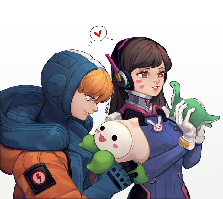 2girls apex_legends artist_name blonde_hair blue_bodysuit blue_eyes blue_headwear bodysuit breasts brown_eyes brown_hair crossover d.va_(overwatch) heart holding holding_stuffed_toy hood hooded_jacket jacket medium_breasts multiple_girls namjak nessie_(respawn) orange_jacket overwatch parted_lips pilot_suit ribbed_bodysuit smile stuffed_toy thought_bubble wattson_(apex_legends) white_background