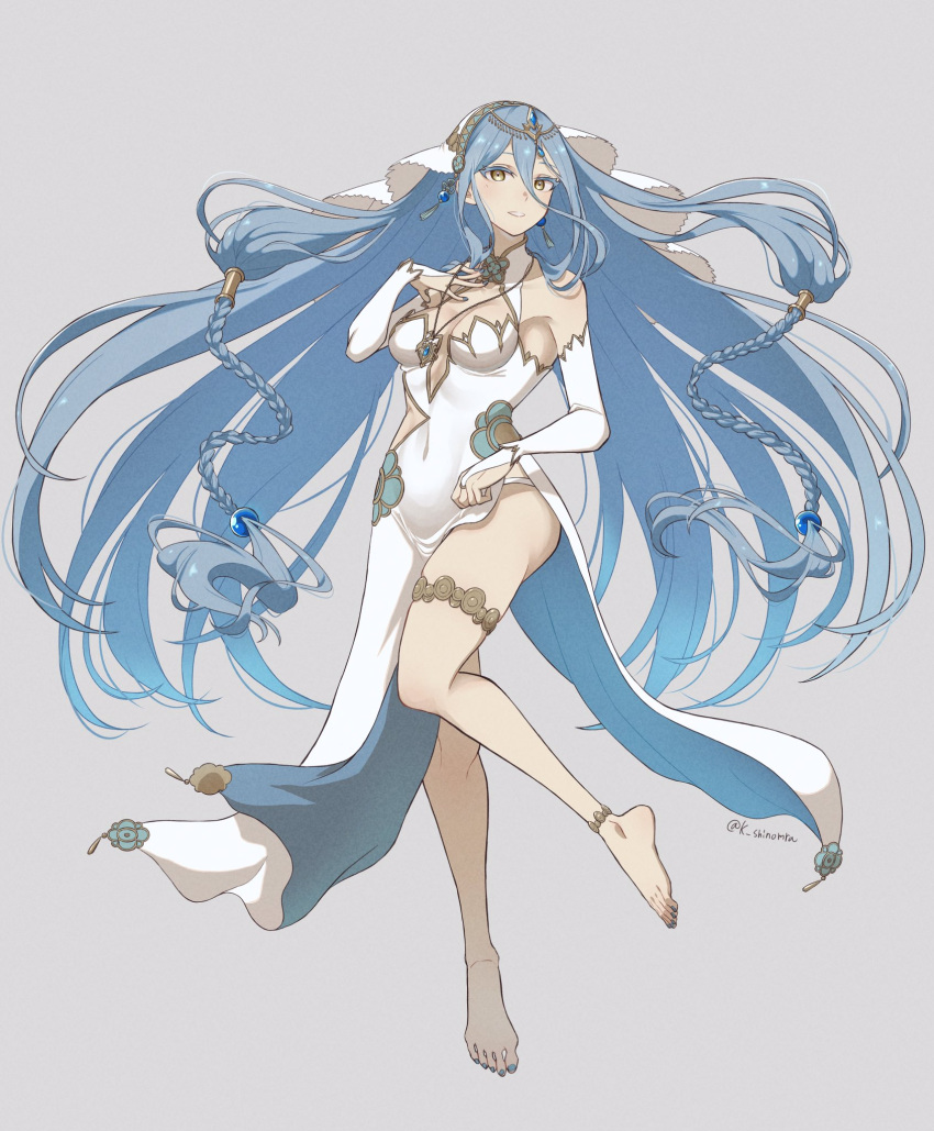 1girl alternate_costume anklet azura_(fire_emblem) bad_anatomy bangs bare_shoulders barefoot blue_hair blue_nails braid breasts bridal_gauntlets chinese_clothes commentary covered_navel detached_sleeves dress fingernails fire_emblem fire_emblem_fates full_body grey_background hair_between_eyes hand_on_own_chest highres jewelry karashino long_hair looking_at_viewer medium_breasts panties pendant simple_background smile solo thighs toenails twitter_username underwear veil very_long_hair white_dress white_panties white_sleeves yellow_eyes