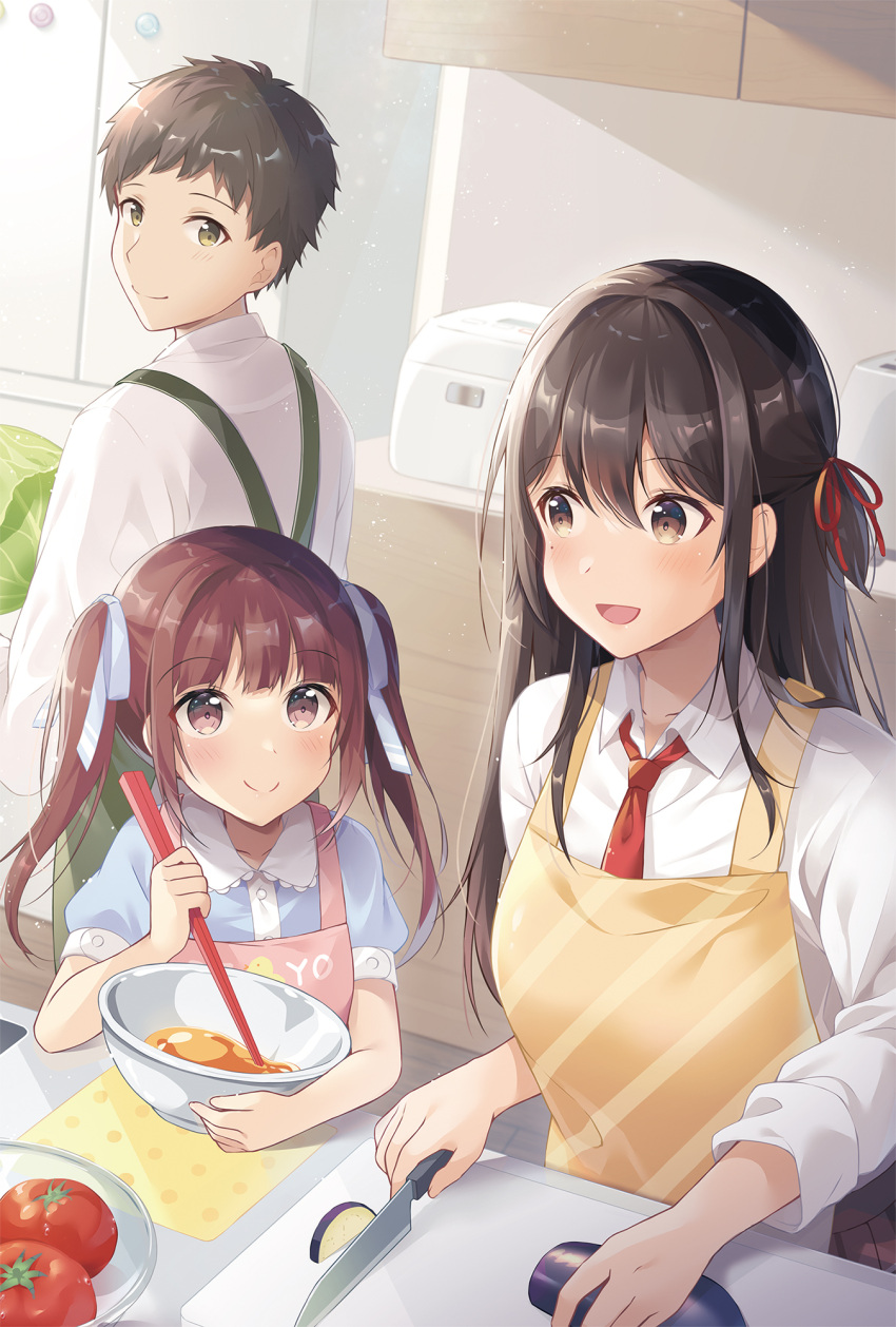 1boy 2girls :d apron bangs black_hair blue_bow blue_shirt blush bow bowl brown_apron brown_eyes brown_hair closed_mouth collared_shirt commentary_request cooking eyebrows_visible_through_hair food green_apron hair_between_eyes hair_bow hair_ribbon highres holding holding_bowl holding_knife indoors knife lettuce long_hair long_sleeves mixing_bowl mole mole_under_eye multiple_girls necktie one_side_up original pink_apron puffy_short_sleeves puffy_sleeves red_necktie red_ribbon ribbon school_uniform shiro_kuma_shake shirt short_sleeves smile tomato twintails white_shirt