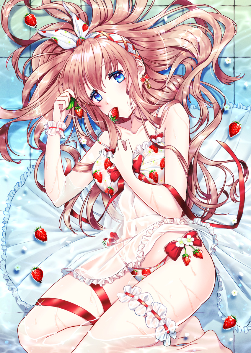 1girl arm_between_breasts bangs bare_shoulders barefoot between_breasts blue_eyes bow breasts brown_hair clothes_lift collarbone dress dress_lift earrings feet_out_of_frame food food_in_mouth food_print fruit hair_spread_out hairband highres hitsuji_kumo jewelry leg_garter long_hair looking_at_viewer lying moe2022 mouth_hold navel on_side original panties partially_submerged print_panties red_bow see-through short_dress side-tie_panties sleeveless sleeveless_dress solo spaghetti_strap straight_hair strawberry strawberry_print sundress thigh_strap tile_floor tiles underwear water wet wet_clothes wet_dress white_dress white_panties wrist_cuffs