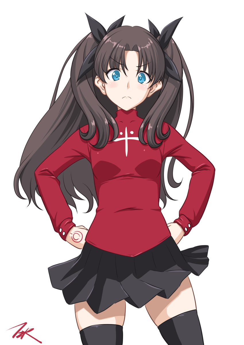 1girl artist_logo artist_name black_hair black_legwear black_skirt blue_eyes breasts commentary_request contrapposto fate/stay_night fate_(series) hands_on_hips highres long_hair pleated_skirt red_sweater simple_background skirt small_breasts solo standing sweater t2r thigh-highs tohsaka_rin two_side_up white_background