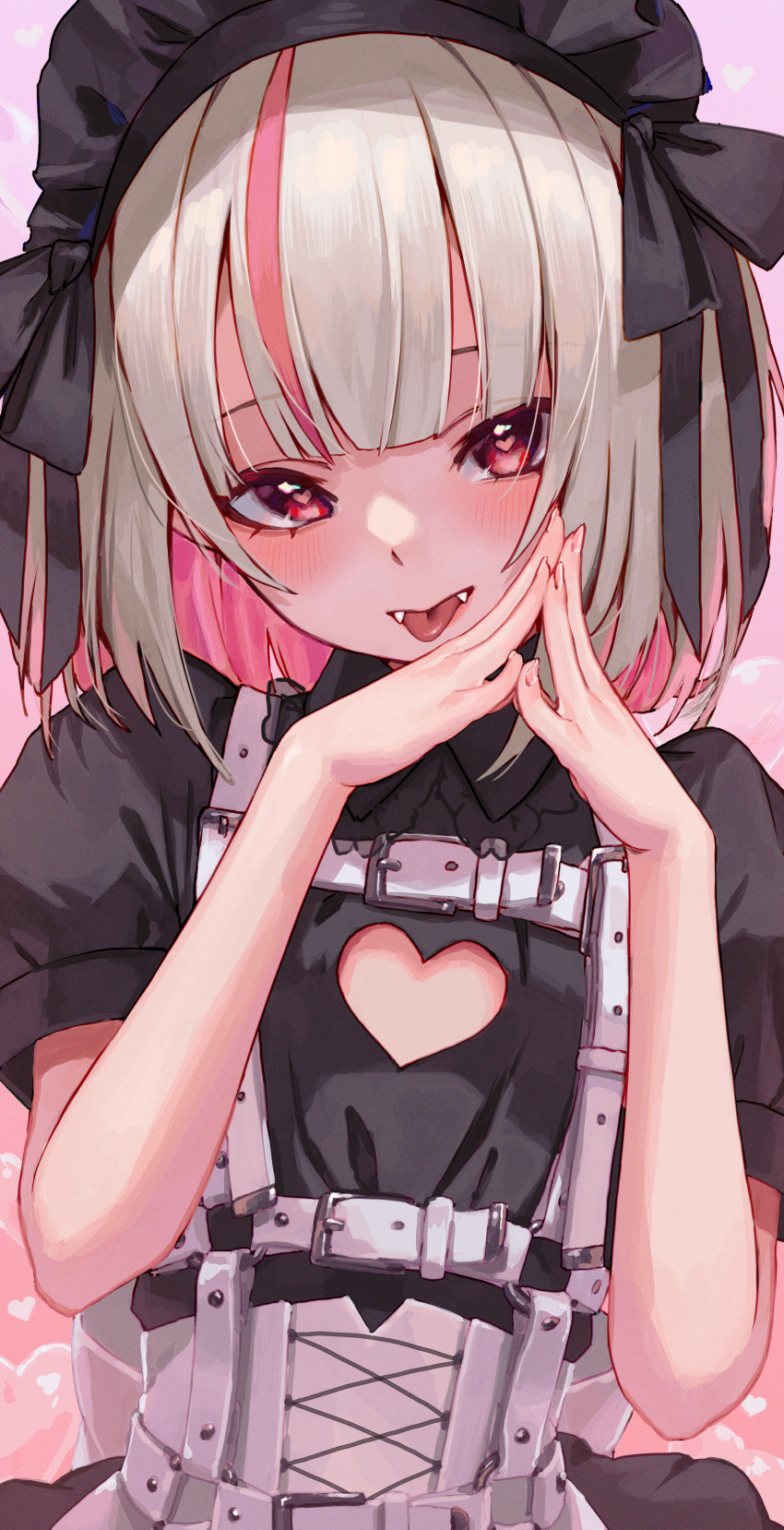 1girl absurdres bangs black_ribbon black_shirt blunt_bangs blush buckle center_opening clothing_cutout colored_inner_hair commentary fangs flat_chest grey_hair hairband hands_up heart heart-shaped_pupils heart_cutout highres lolita_hairband looking_at_viewer makaino_ririmu medium_hair multicolored_hair nijisanji parted_lips pink_background pink_hair puffy_short_sleeves puffy_sleeves reward_available ribbon shirt short_sleeves solo sooon steepled_fingers streaked_hair symbol-shaped_pupils tongue tongue_out upper_body
