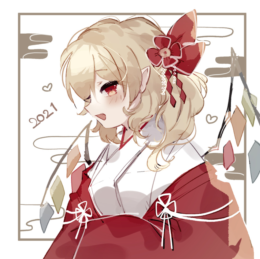 1girl 2021 bangs blonde_hair blush crystal eyebrows_visible_through_hair fang flandre_scarlet heart japanese_clothes kimono long_sleeves looking_to_the_side medium_hair no_hat no_headwear one_side_up open_mouth profile red_eyes red_kimono simple_background smile solo sorani_(kaeru0768) touhou upper_body white_background wide_sleeves wings