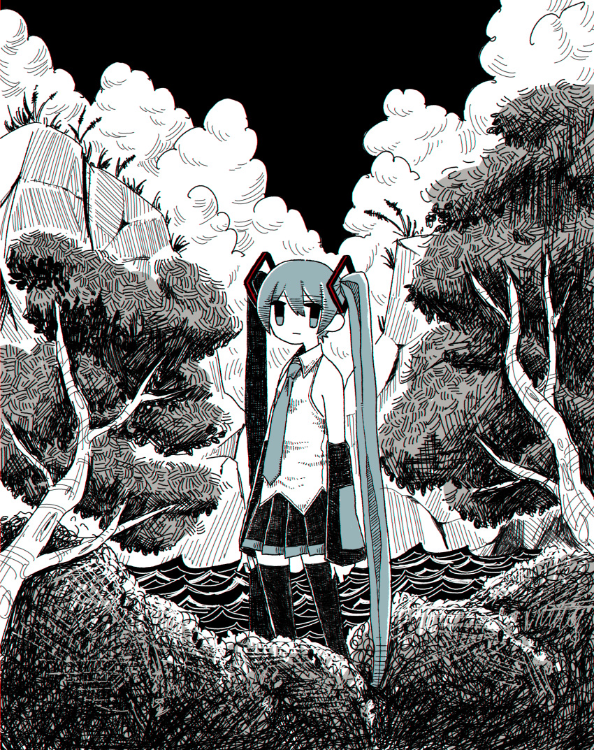 1girl absurdres aqua_eyes aqua_hair aqua_nails aqua_necktie arms_at_sides bare_shoulders black_sky bush chromatic_aberration cliff closed_mouth clouds cloudy_sky commentary_request detached_sleeves dokumitsu_akaringo expressionless greyscale hair_ornament hatsune_miku highres long_hair looking_at_viewer monochrome necktie ocean outdoors pleated_skirt shirt skirt sky sleeveless sleeveless_shirt solo thigh-highs tree very_long_hair vocaloid waves