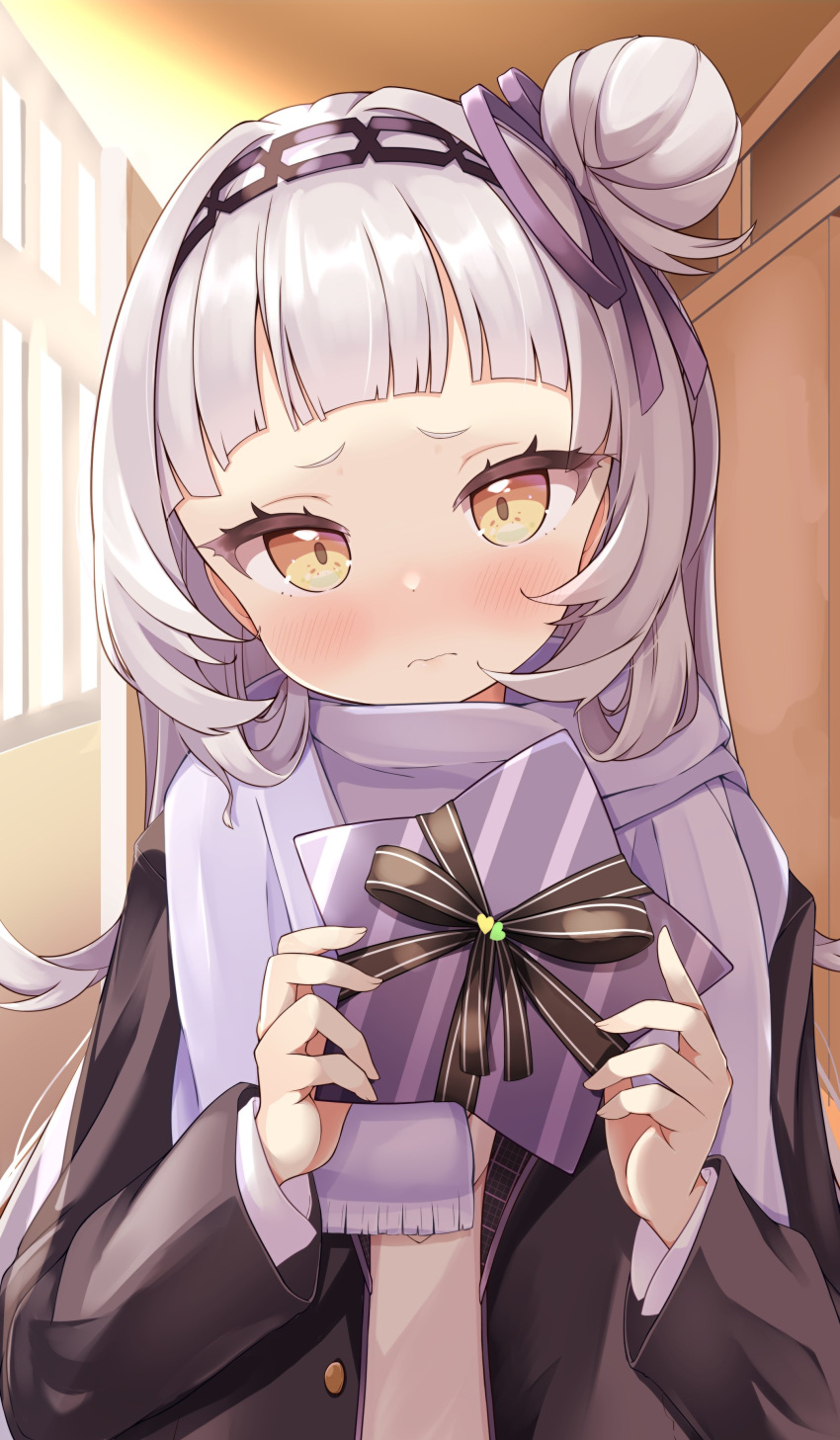 1girl absurdres bangs black_hairband black_jacket blush box closed_mouth cocozasa commentary_request day fringe_trim frown gift gift_box hair_bun hair_ribbon hairband highres holding holding_gift hololive hololive_english indoors jacket long_hair long_sleeves looking_at_viewer murasaki_shion open_clothes open_jacket purple_ribbon purple_scarf ribbon scarf skirt solo standing star-shaped_box valentine virtual_youtuber window yellow_eyes