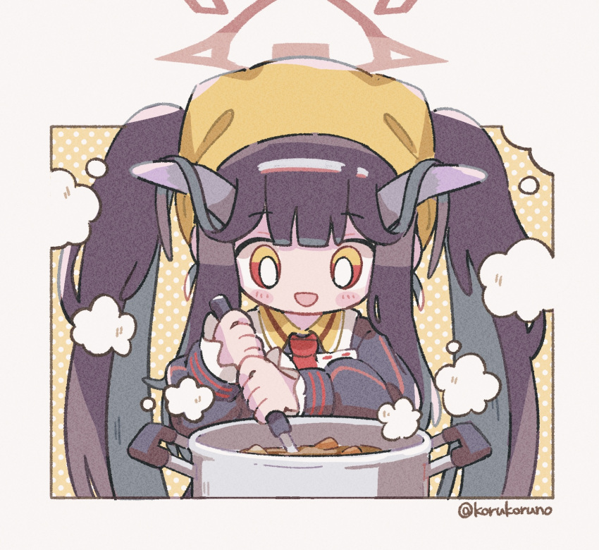 1girl :d apron bangs black_hair black_shirt blue_archive blush_stickers collared_shirt cooking cropped_torso eyebrows_visible_through_hair food fuuka_(blue_archive) halo head_scarf highres holding horns koru_koruno long_sleeves necktie pot puffy_long_sleeves puffy_sleeves red_eyes red_necktie ribbon-trimmed_apron ribbon_trim shirt sleeves_past_wrists smile solo twintails twitter_username upper_body white_apron