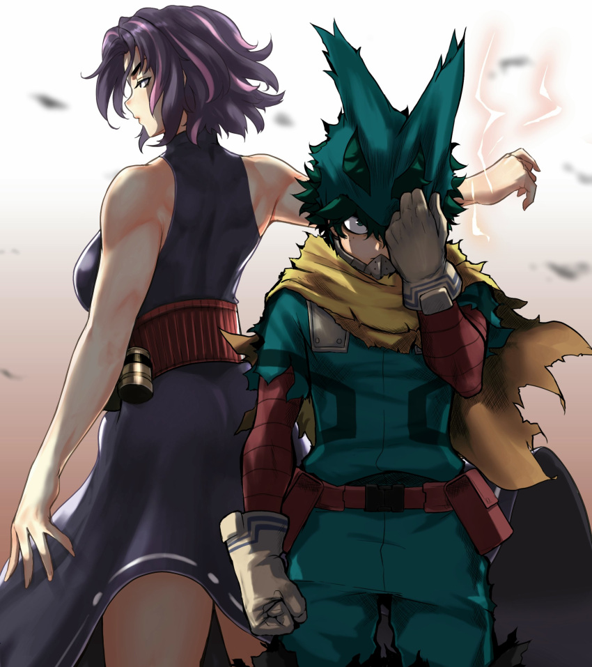 1boy 1girl absurdres anagumasan animal_ears animal_hood back-to-back bangs bare_arms belt belt_pouch boku_no_hero_academia breasts dark_blue_hair fake_animal_ears freckles gloves green_eyes green_hair green_jumpsuit hair_between_eyes hair_blowing half-closed_eyes highres holding holding_weapon hood jumpsuit knee_pads lady_nagant large_breasts looking_at_viewer mask mask_around_neck mask_removed messy_hair midoriya_izuku mouth_mask pouch rabbit_ears scarf serious shin_guards short_hair skirt solo superhero torn_clothes twitter_username weapon white_gloves wind