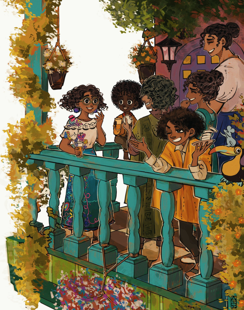 3boys 3girls antonio_madrigal aqua_skirt arepa arm_support balcony bird bird_request black_eyes blue_skirt brother_and_sister brothers brown_hair bruno_madrigal camilo_madrigal checkered_floor cousins cup curly_hair dark-skinned_female dark-skinned_male dark_skin disney door drink drinking_glass earrings embroidery encanto family flower_pot food furrowed_brow glass hair_bun hair_over_eyes hand_up height_difference highres holding holding_cup hourglass_print jewelry julieta_madrigal lamp laughing leaning_forward looking_afar luisa_madrigal mirabel_madrigal mother_and_daughter mouse multiple_boys multiple_girls neckerchief one_eye_closed open_mouth plant pom_pom_(clothes) pom_pom_earrings poncho profile railing round_teeth short_hair short_sleeves siblings simple_background sisters skirt smile smirk teeth uncle_and_nephew uncle_and_niece very_dark_skin waguri_341 wall_lamp white_background