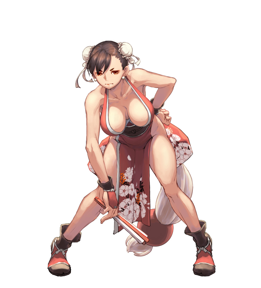 1girl alternate_costume bare_shoulders breasts bun_cover chun-li closed_mouth collarbone commentary double_bun earrings floral_print full_body hair_ornament hand_fan hand_on_hip highres holding japanese_clothes jewelry large_breasts lips looking_at_viewer makeup ninja obi pelvic_curtain revealing_clothes sash shiny shiny_hair simple_background sleeveless solo standing street_fighter street_fighter_ii_(series) the_king_of_fighters thighs white_background