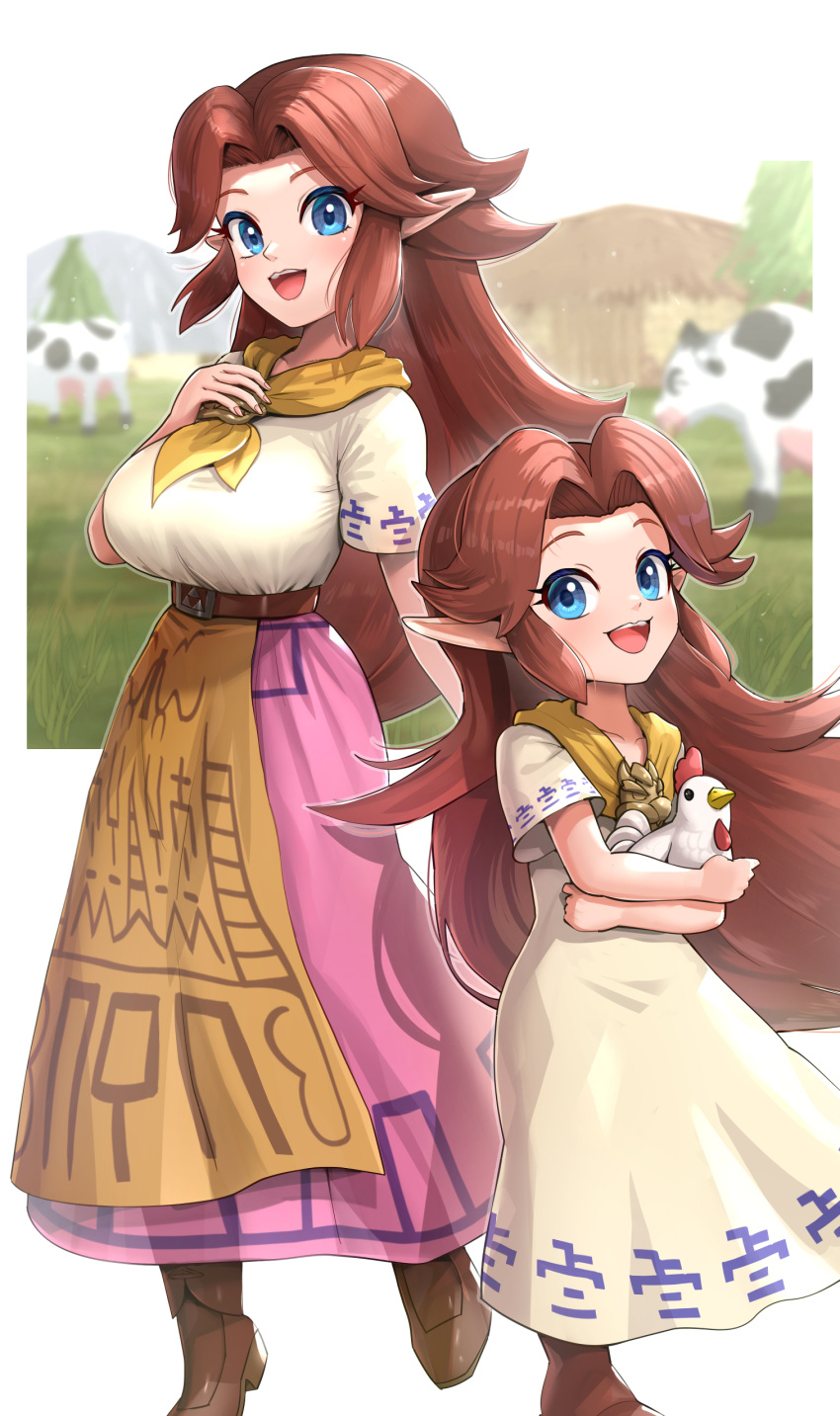 2girls :d absurdres animal belt bird blue_eyes boots breasts brown_belt brown_footwear brown_hair commentary_request cow cremia cucco dress duplicate forehead gonzarez grass height_difference highres holding holding_animal holding_bird large_breasts long_hair long_skirt looking_at_viewer multiple_girls neckerchief outdoors pink_skirt pixel-perfect_duplicate pointy_ears romani_(zelda) shirt short_sleeves siblings sidelocks sisters skirt smile standing the_legend_of_zelda the_legend_of_zelda:_majora's_mask very_long_hair white_dress white_shirt yellow_neckerchief