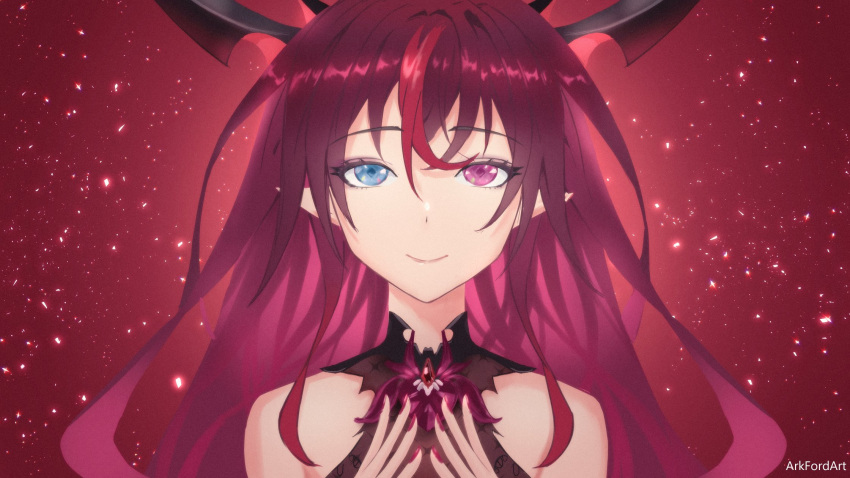 1girl ark_ford artist_name blue_eyes demon_horns hair_between_eyes heterochromia highres hololive hololive_english horns irys_(hololive) long_hair looking_at_viewer multiple_horns purple_hair red_background red_nails smile solo steepled_fingers upper_body violet_eyes virtual_youtuber