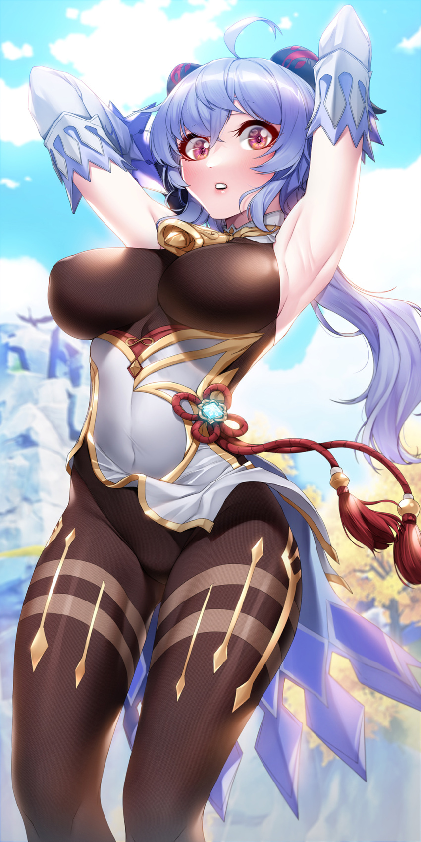 1girl ahoge akchu armpits arms_up ass_visible_through_thighs bangs bell black_legwear black_leotard blue_hair blush bodystocking bodysuit bow breasts chinese_knot clothes_lift covered_navel covered_nipples crotch detached_sleeves flower_knot ganyu_(genshin_impact) genshin_impact gold_trim highres horns large_breasts leotard leotard_under_clothes long_hair looking_at_viewer low_ponytail neck_bell outdoors parted_lips pelvic_curtain red_rope rope sideboob solo standing tassel thighlet thighs violet_eyes vision_(genshin_impact) waist_cape white_sleeves wind wind_lift