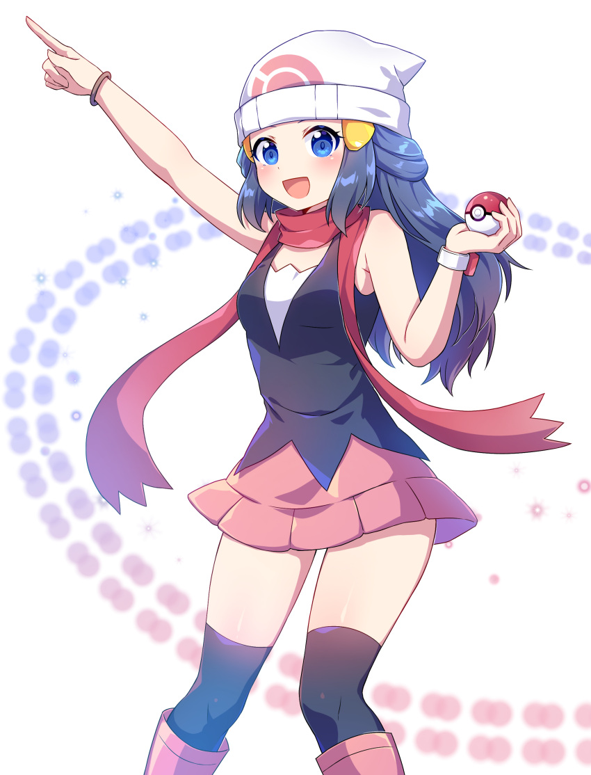 1girl :d absurdres arm_up bangs beanie black_hair black_legwear black_shirt blue_eyes boots bracelet caramell0501 hat highres hikari_(pokemon) holding holding_poke_ball jewelry kneehighs long_hair looking_at_viewer open_mouth pink_skirt pointing pointing_up poke_ball poke_ball_print pokemon pokemon_(game) pokemon_dppt red_scarf scarf shirt skirt sleeveless sleeveless_shirt smile solo standing thigh-highs thighhighs_under_boots white_background white_headwear